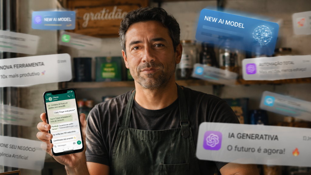 Claude Opus 4.8: dono de pequeno negócio brasileiro calmo segurando o celular com o WhatsApp, enquanto notificações de novo modelo de IA passam ao redor.