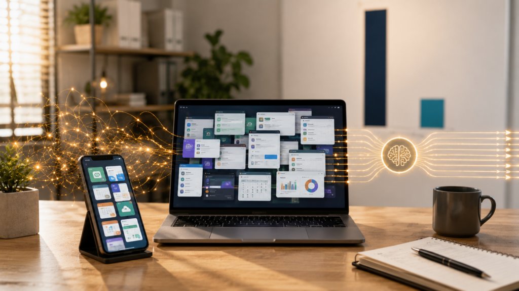 Mesa de uma pequena empresa com notebook e celular cheios de aplicativos espalhados, ao fundo duas barras abstratas de alturas bem diferentes, atravessada por um grafismo dourado que sai embaraçado e se organiza em um fluxo — o contraste entre usar IA de forma avulsa e de forma estruturada.