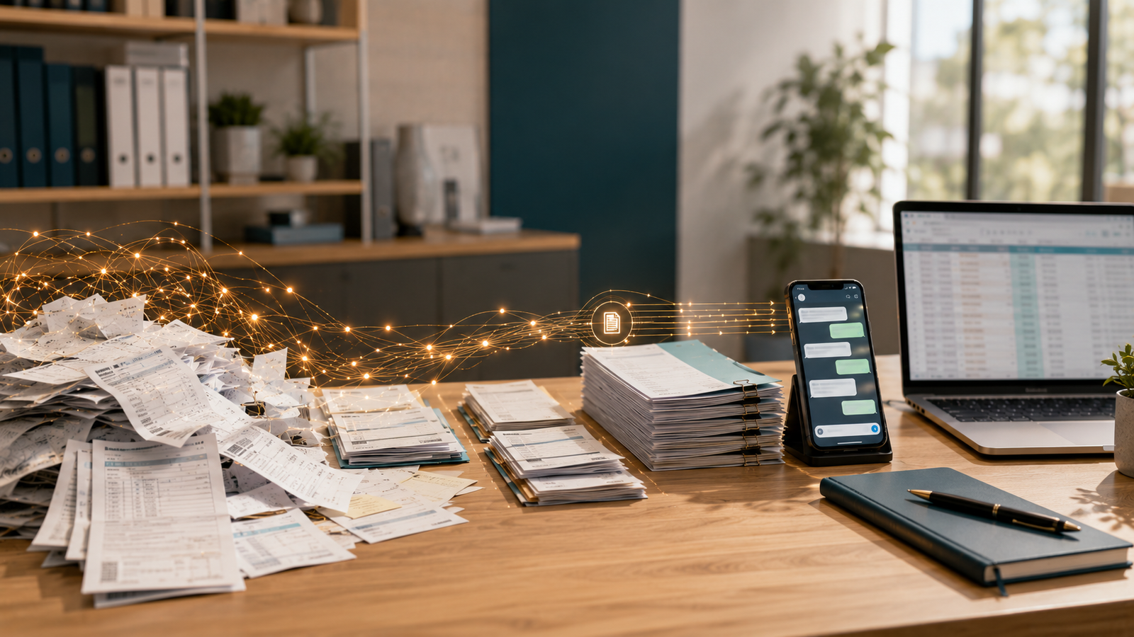 Mesa de escritório de contabilidade com notas fiscais espalhadas que se organizam em uma pilha alinhada, ao lado de um celular com conversa de WhatsApp e um notebook com planilha desfocada, atravessada por um grafismo dourado de conexões — inteligência artificial como apoio operacional do contador, sem substituir a conferência humana.