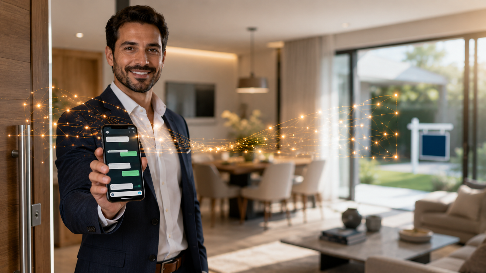 Corretor de imóveis segurando um celular com conversa de WhatsApp aberta na entrada de um apartamento moderno bem iluminado, atravessado por um grafismo dourado de conexões — inteligência artificial como apoio à resposta rápida ao lead e ao anúncio, sem substituir o corretor registrado no CRECI.