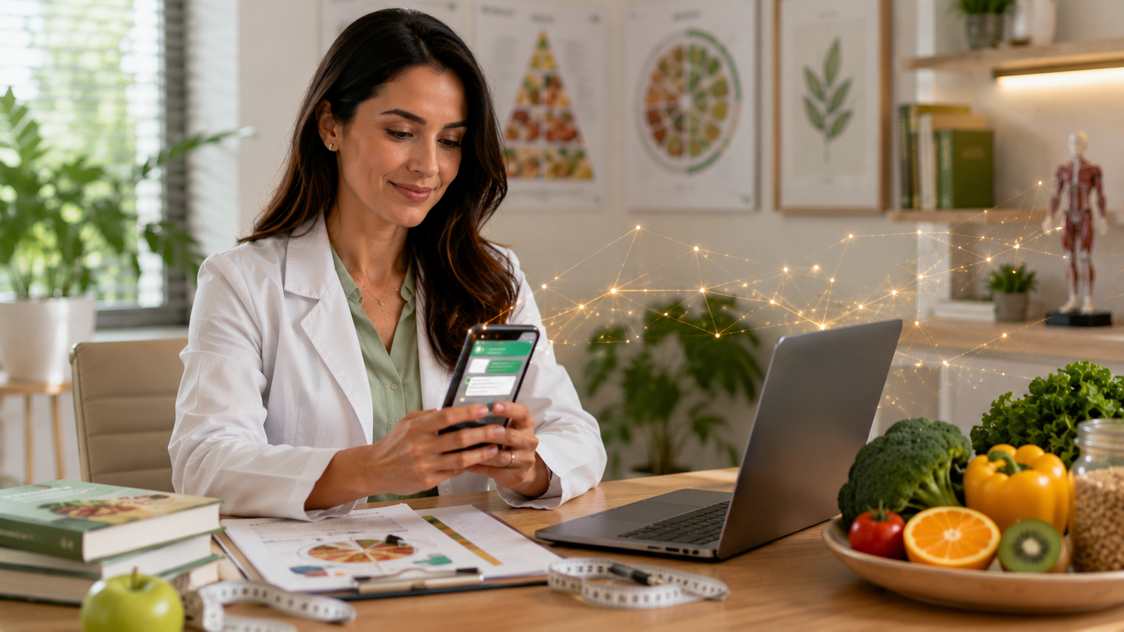 Nutricionista de jaleco no consultório segurando um celular com uma conversa de acompanhamento aberta, com notebook e alimentos frescos ao fundo, atravessada por um grafismo dourado de conexões — inteligência artificial como apoio ao atendimento, ao conteúdo e à organização, sem substituir a avaliação da profissional registrada no CRN.