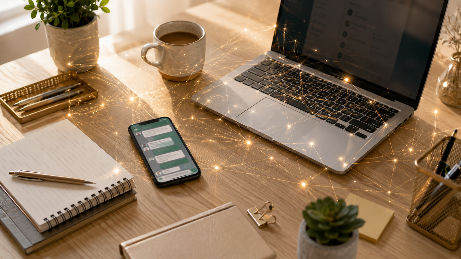 Mesa de trabalho de um pequeno empreendedor com celular, notebook, caderno e café, atravessada por um grafismo dourado de conexões — panorama das novidades de IA da semana.