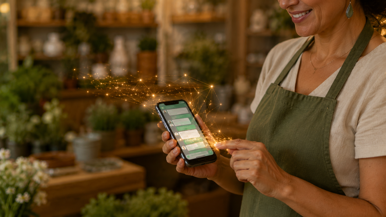 Pequena comerciante de avental segurando um celular com conversa de atendimento aberta numa loja, com partículas douradas saindo da tela — IA atendendo o cliente no WhatsApp.