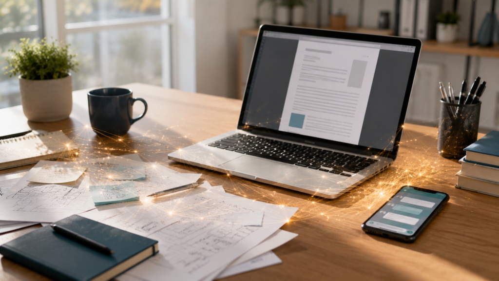Mesa de um consultor com anotações soltas que se organizam em um documento de proposta comercial limpo na tela do notebook, ao lado de um celular com conversa de WhatsApp, atravessada por um grafismo dourado de conexões — inteligência artificial como apoio à escrita e organização da proposta.