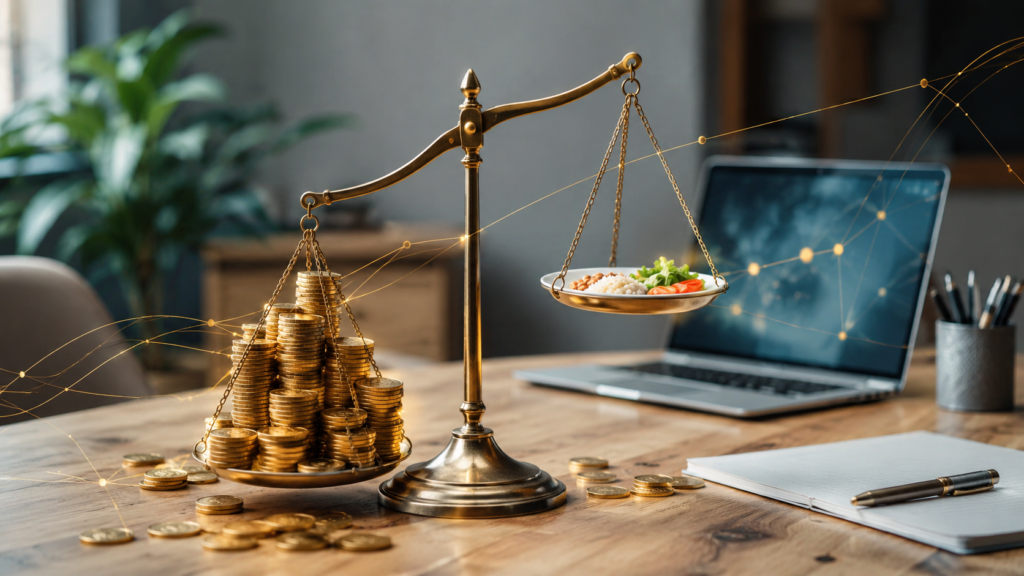 Balança desequilibrada sobre mesa de escritório: de um lado uma pilha exagerada de moedas douradas, do outro um simples prato de almoço — o abismo entre o que as empresas que mais gastam com IA investem e o gasto mediano, menor que uma refeição.