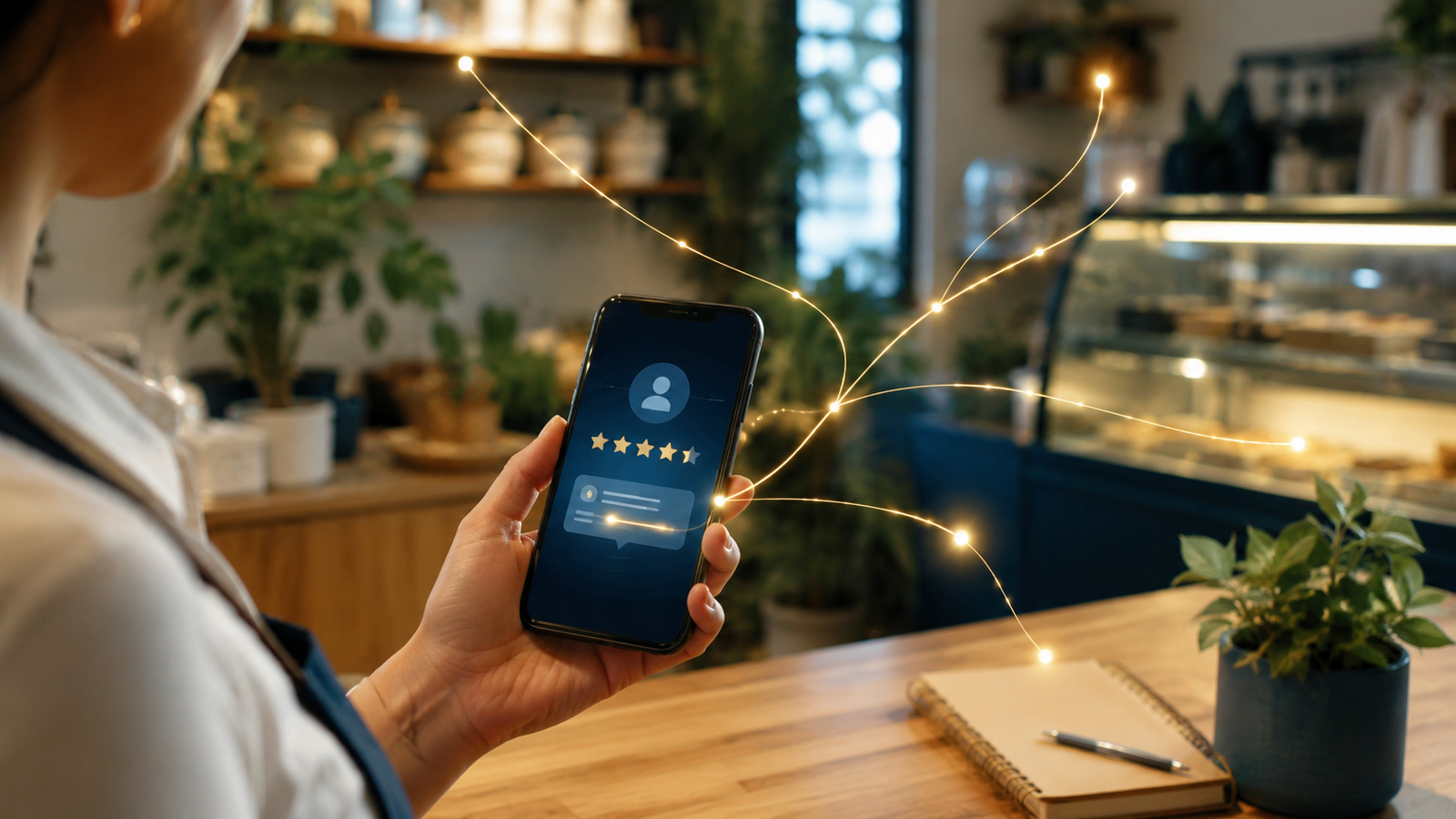 Dono de pequeno negócio segura o celular com o perfil da empresa: estrelas de avaliação e uma resposta sendo redigida por IA, ligadas por linhas douradas que se ramificam para outras tarefas — a ferramenta resolve a parte do Google, não a operação inteira.