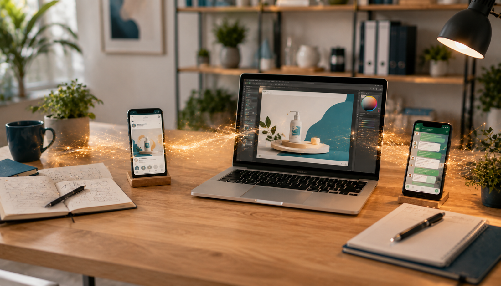 Mesa de um pequeno empreendedor com uma sequência de etapas de lançamento — anotações da oferta, post em rede social, arte de divulgação no notebook e conversa de atendimento no WhatsApp — conectadas por um grafismo dourado, representando a IA como apoio encadeado em cada fase da campanha de lançamento.