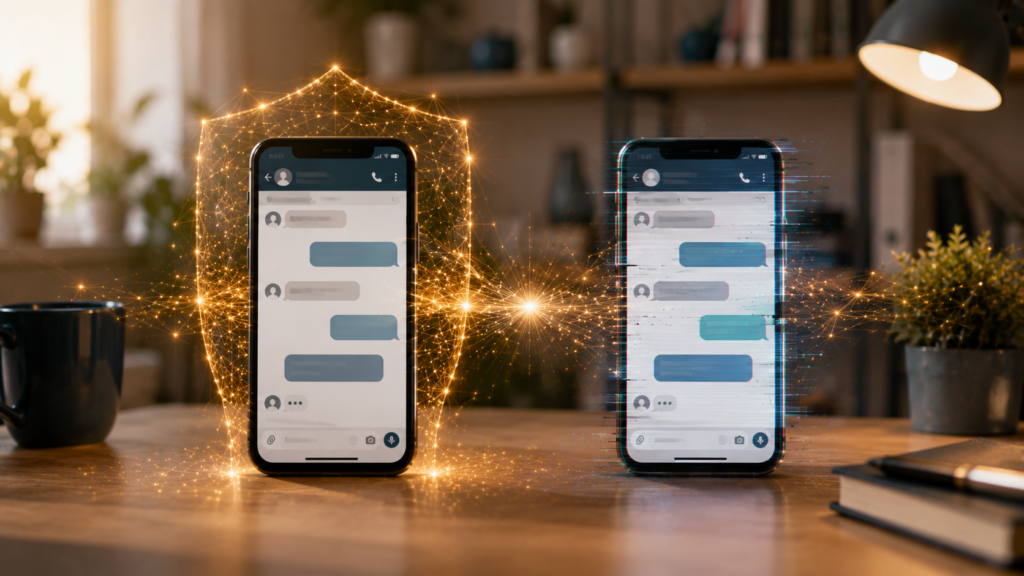 Mão de dono de pequeno negócio segura o celular numa conversa de atendimento; ao lado, surge uma cópia espelhada e levemente desalinhada da mesma conversa, sugerindo um perfil falso gerado por IA, enquanto linhas douradas formam um contorno de proteção em volta do celular verdadeiro.