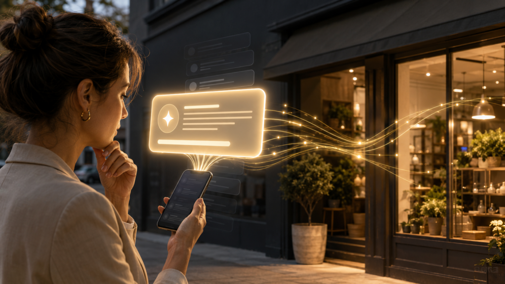 Dono de pequeno negócio olha atento o celular enquanto um cartão luminoso de resposta da IA surge na frente de uma pilha de links de site apagados; linhas douradas ligam a resposta à fachada do próprio negócio.