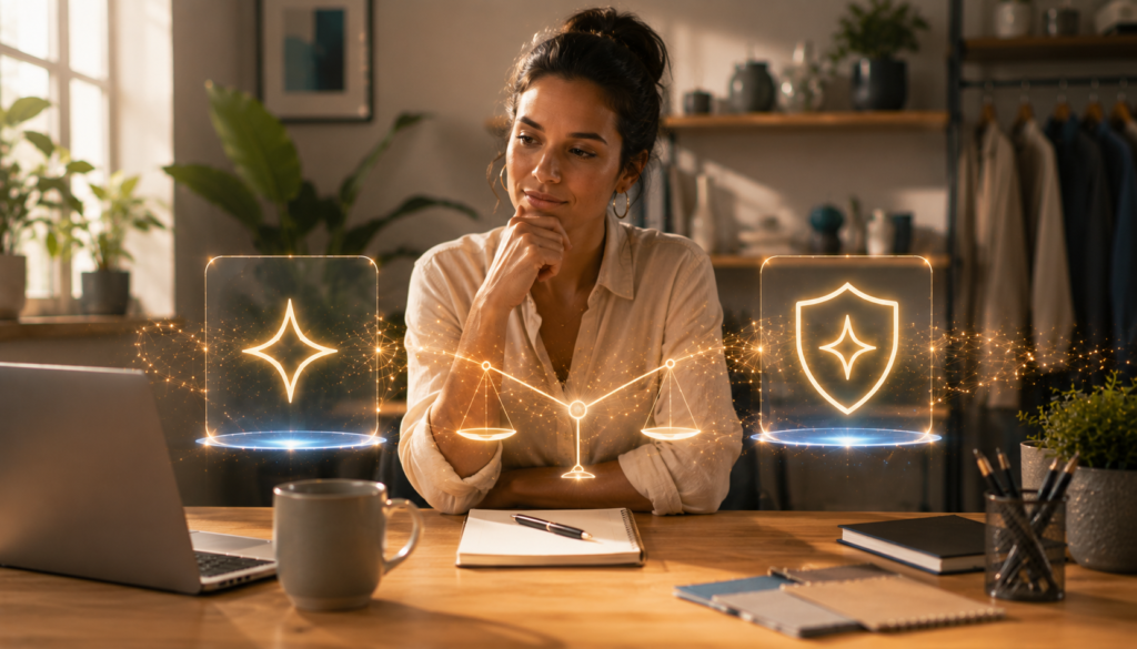 Empreendedora de pequeno negócio pondera com calma entre dois caminhos de IA — um gratuito (faísca aberta) e um pago (faísca protegida num cofre dourado), com uma balança dourada no centro — ilustrando a decisão de só assinar o ChatGPT Business depois de saber qual ferramenta o negócio realmente precisa.