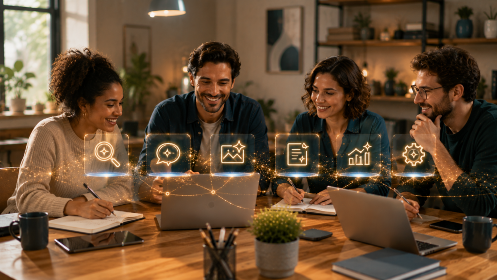 Empreendedor de pequeno negócio observa com calma três painéis de IA que resumem a semana — a busca que vira resposta, o assistente pago mais acessível e mais modelos a caminho — conectados por linhas douradas, sem nenhum texto, ilustrando o resumo semanal de IA da IAexata.