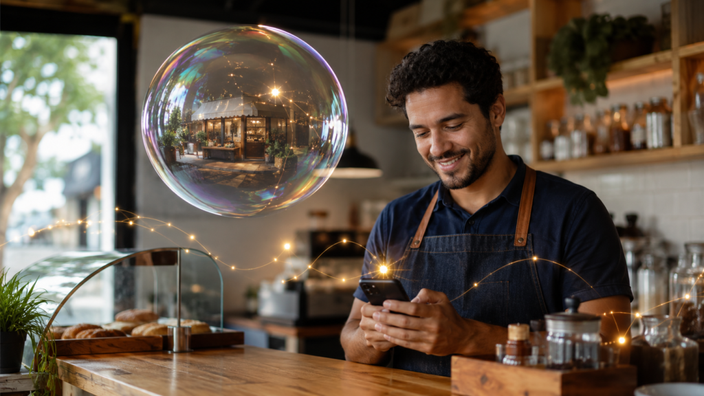 Empreendedor de pequeno negócio trabalha tranquilo no balcão usando IA no celular, enquanto uma grande bolha de sabão frágil flutua ao fundo refletindo o mercado — a diferença entre a bolha financeira da IA e o uso real e barato da tecnologia no dia a dia.
