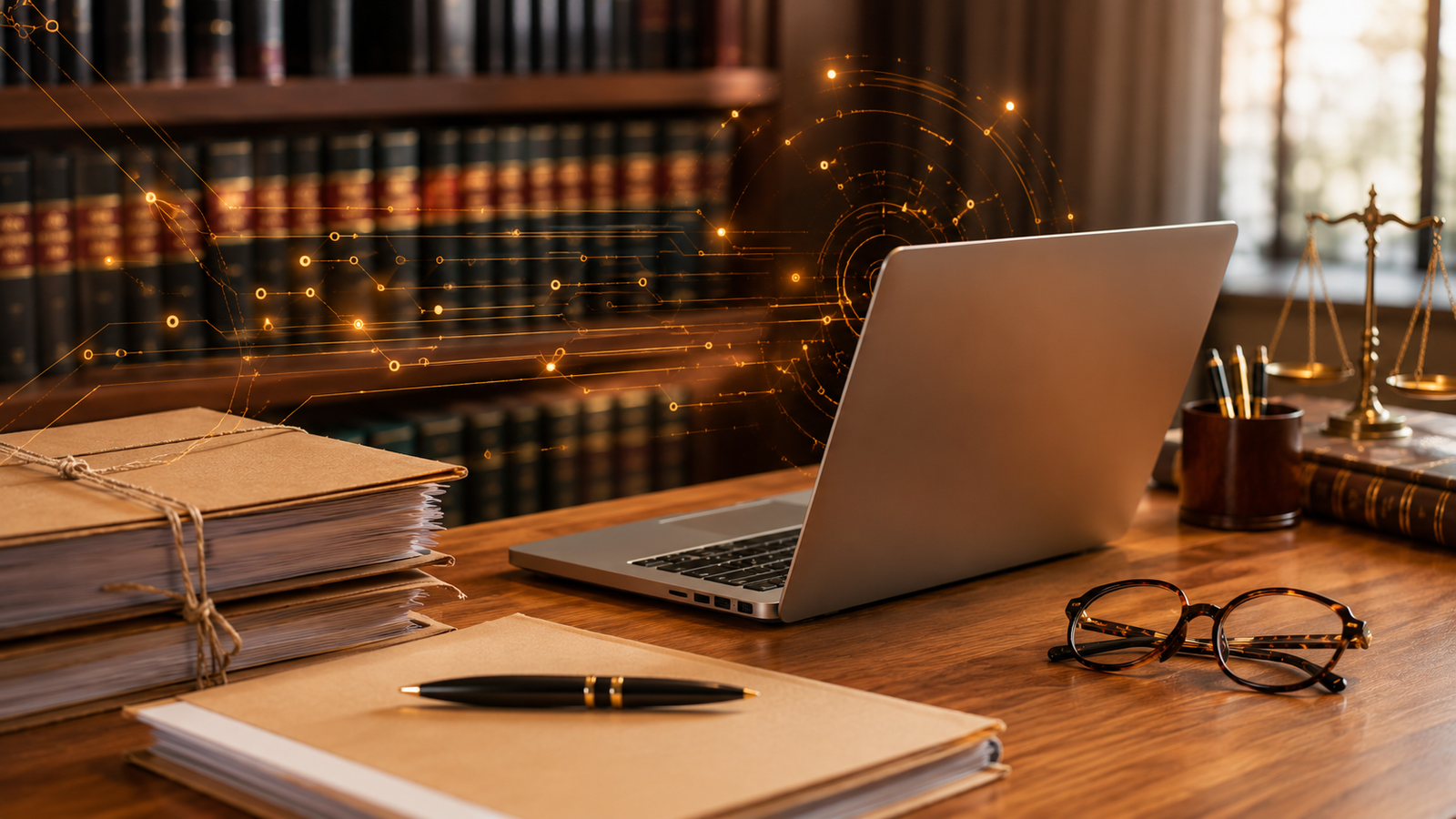 Mesa de escritório de advocacia com notebook, balança da justiça, livros de direito, óculos e processos físicos, atravessada por um grafismo dourado de conexões — uso de inteligência artificial como apoio na advocacia