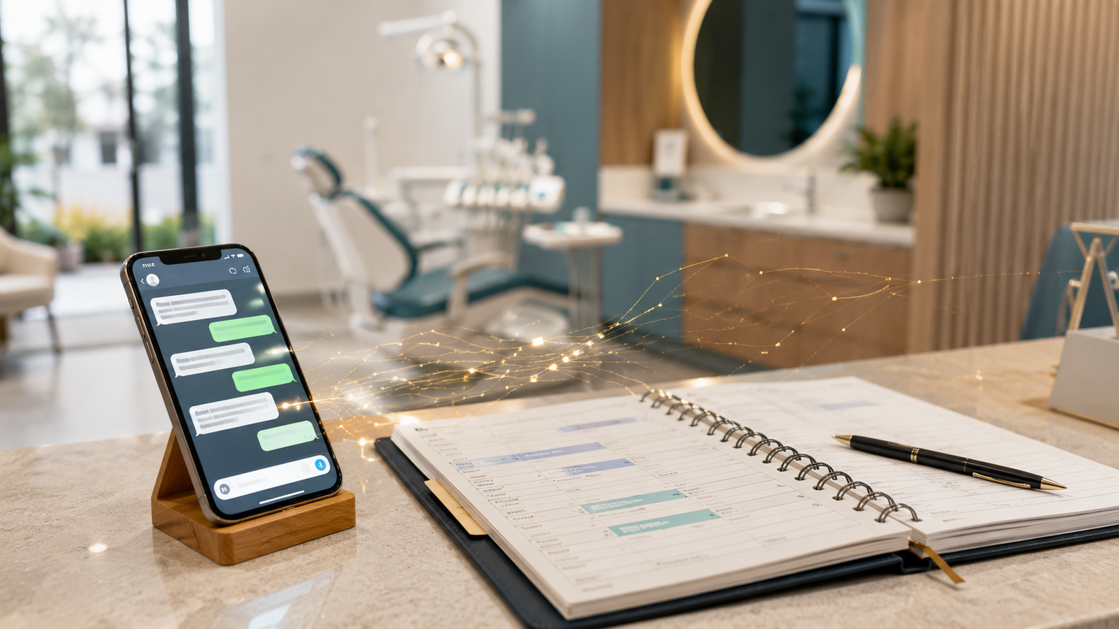 Recepção de consultório odontológico moderno com agenda e celular mostrando uma conversa de WhatsApp, cadeira odontológica desfocada ao fundo, atravessado por um grafismo dourado de conexões — inteligência artificial como apoio na gestão do consultório.