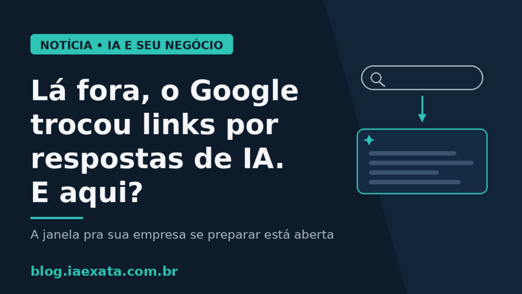 Ilustração: barra de busca do Google se transformando em um cartão de resposta gerada por IA, com o texto "Lá fora, o Google trocou links por respostas de IA. E aqui?"