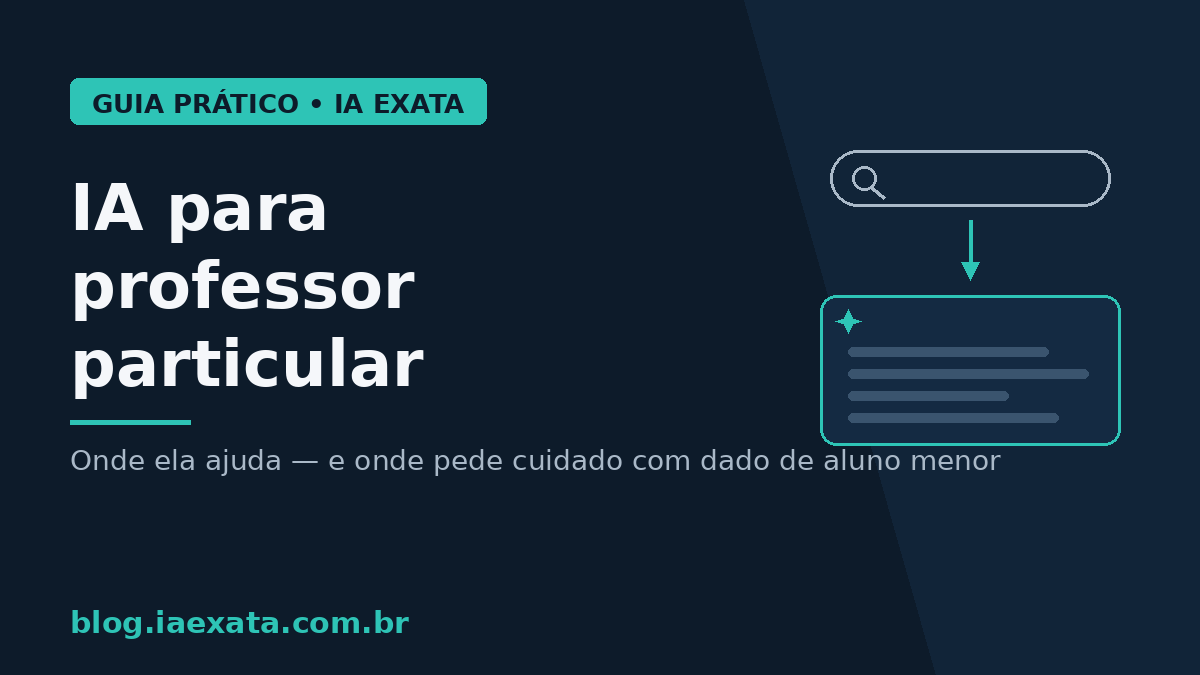 Professor particular em atendimento remoto com notebook e celular abertos numa mesa, atravessado por um grafismo dourado de conexões — inteligência artificial como apoio ao preparo de aula e à comunicação com pais e alunos, sem substituir a didática do professor