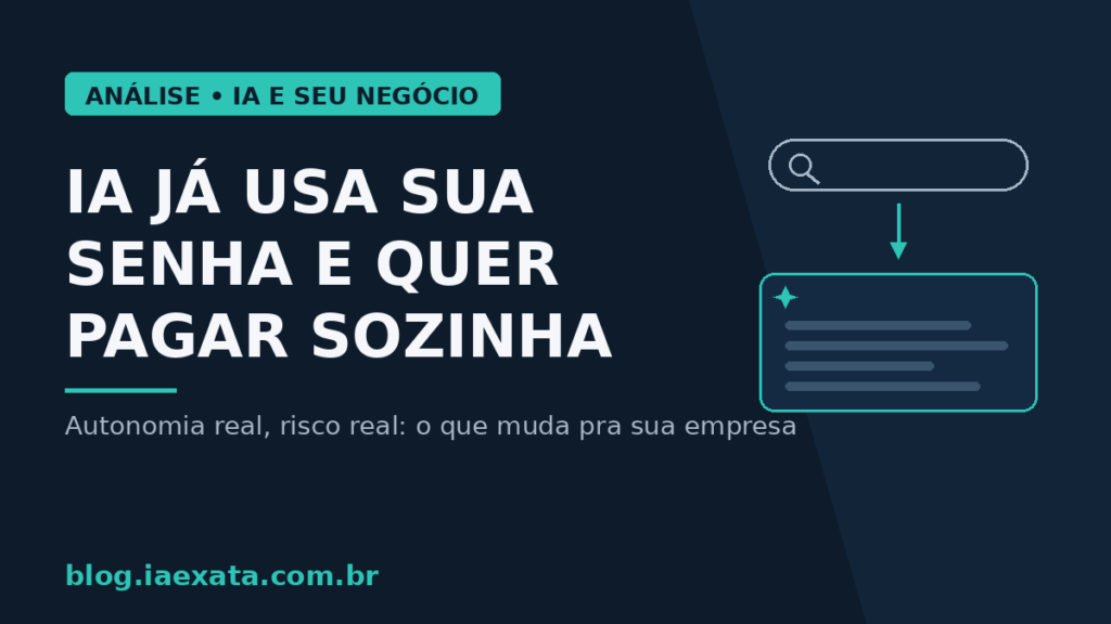 Tela escura estilo painel de segurança mostrando um cadeado dourado entreaberto ao lado de um cartão de acesso, representando uma IA usando senha e cartão de pagamento da empresa com autorização controlada