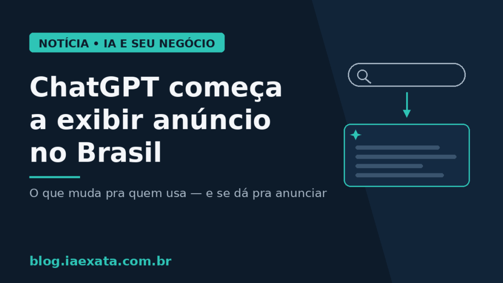Arte com o texto ChatGPT começa a exibir anúncio no Brasil sobre fundo azul-escuro, com ilustração de campo de busca e caixa de resposta de IA