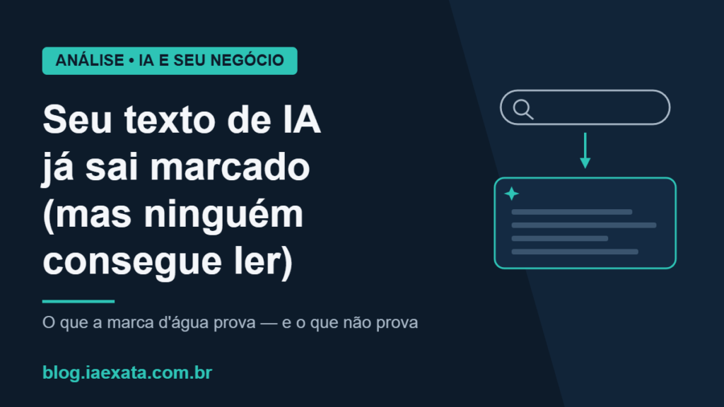 Arte editorial azul-marinho com a frase Seu texto de IA ja sai marcado, mas ninguem consegue ler